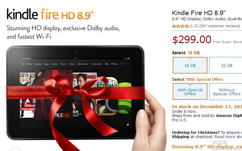 Kindle Fire HD 8.9寸平板电脑 $299 可用-50美